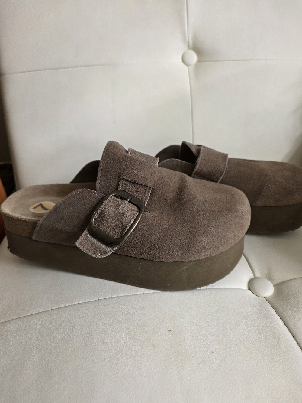 Suede Platform Buckle Clog Mule in Taupe Brown
